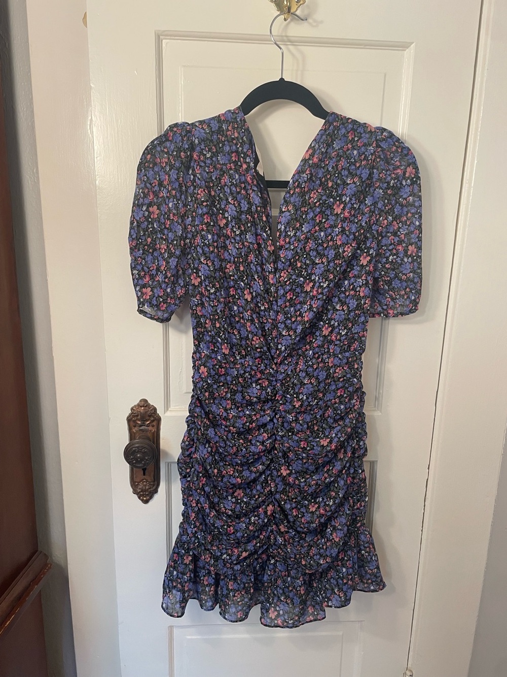 Astr Floral Ruched Mini Dress in Navy with Puff Sleeves